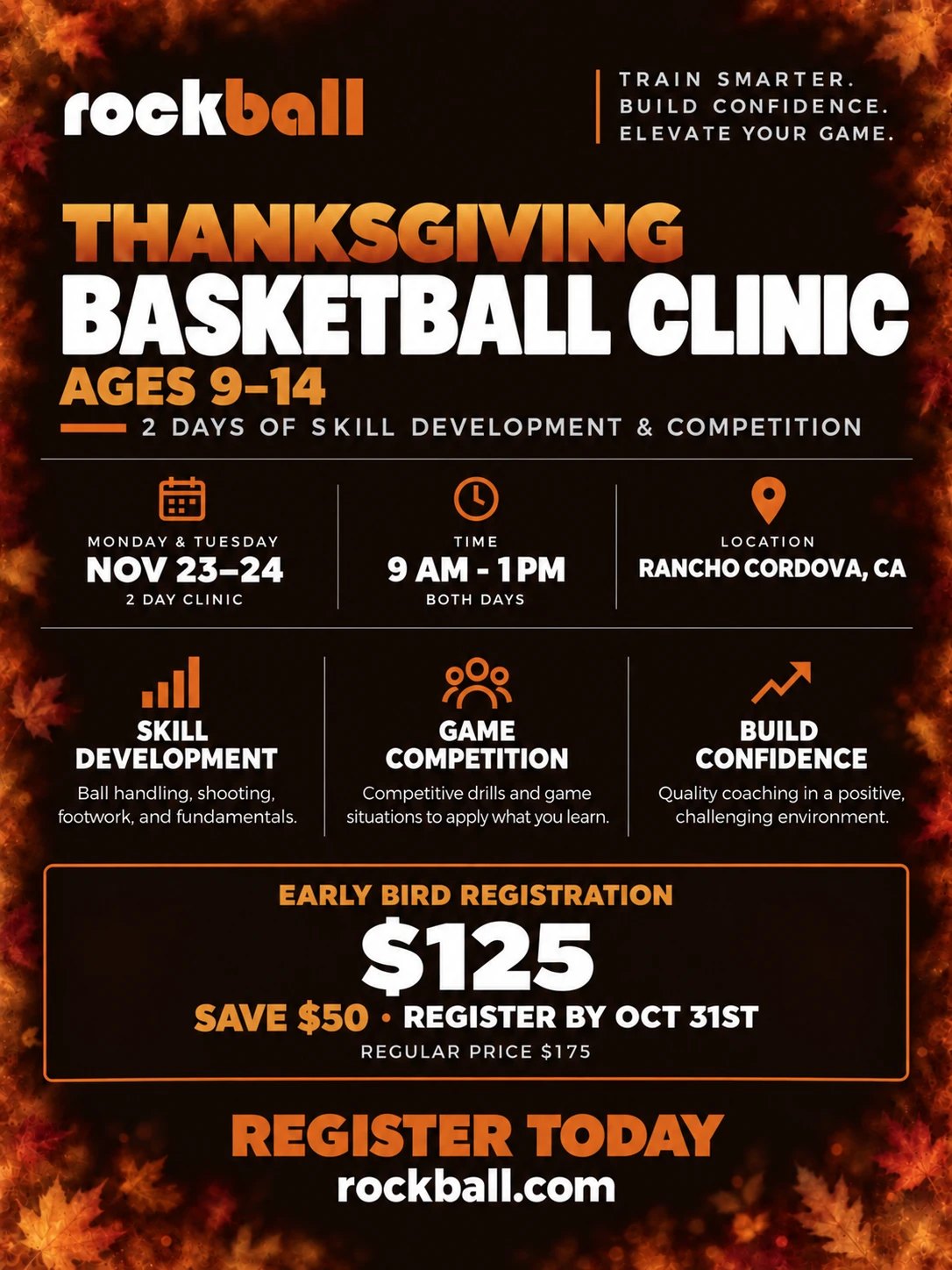Thanksgiving basketball clinic at Rockball for ages 9 to 14: November 23 and 24, 9am to 1pm, $125 early bird by October 31, $175 regular